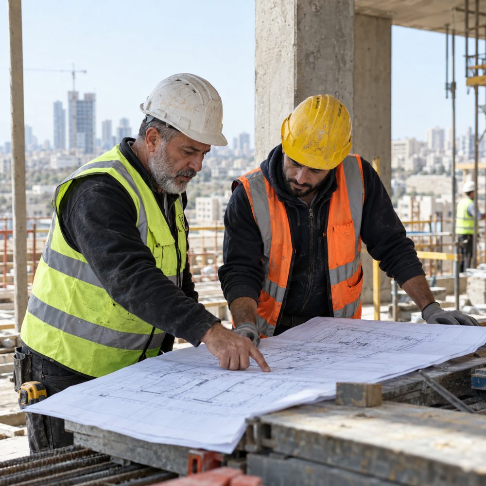 מנהלי עבודה בוחנים תוכניות באתר בנייה